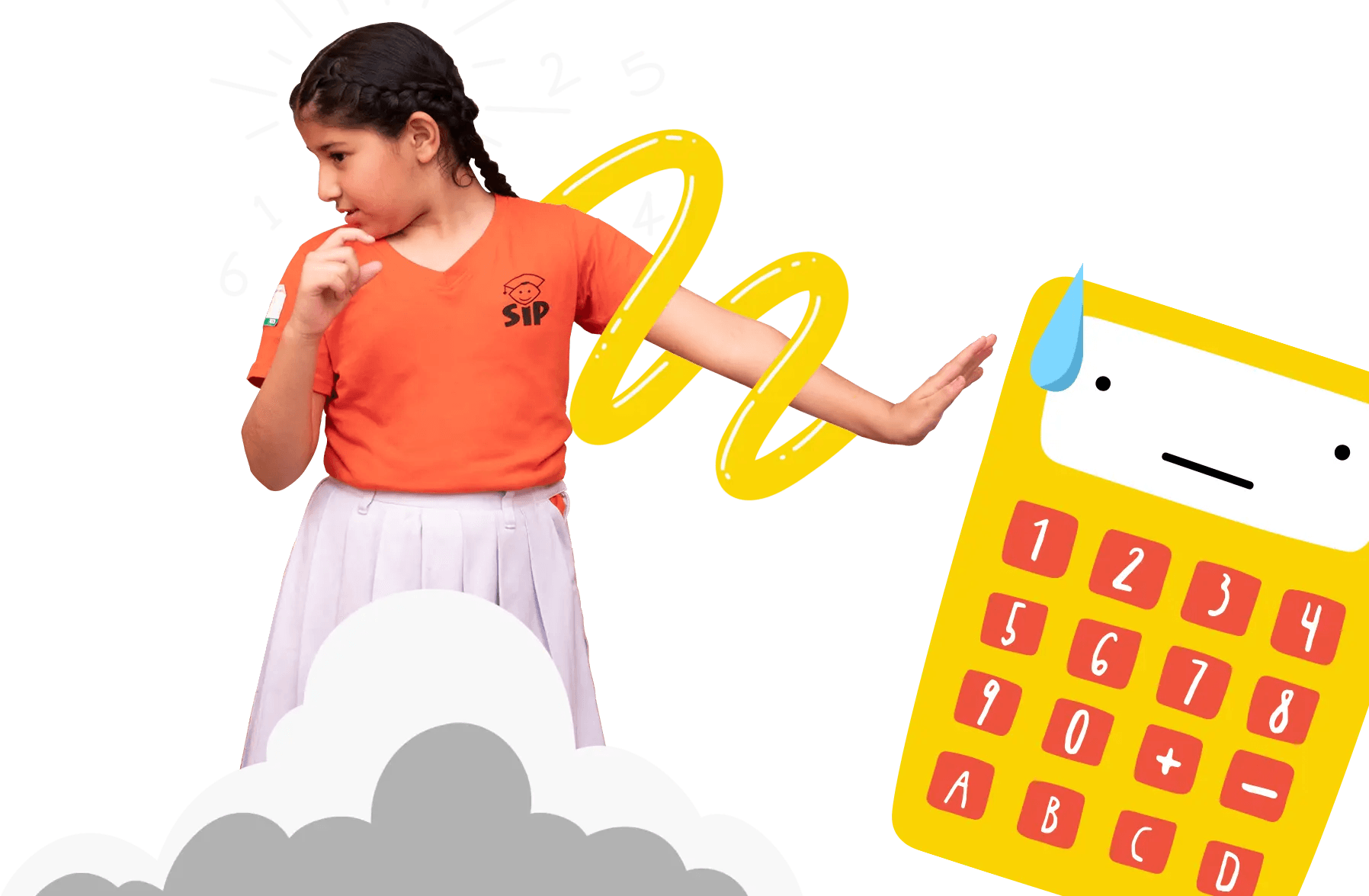 A SIP Abacus student in her orange t-shirt, turning away from a calculator